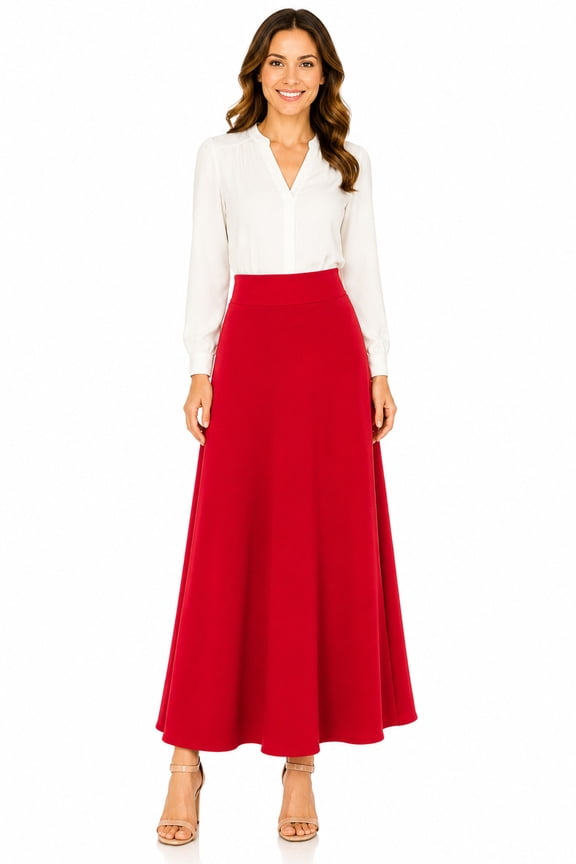 Women's Casual Solid Flare A-line Long Skirt with Elastic Waistband