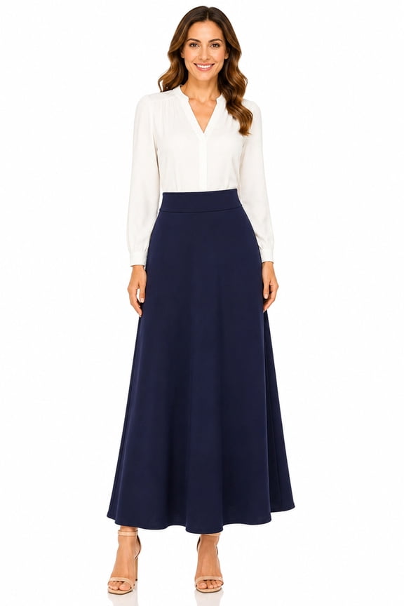 Women's Casual Solid Flare A-line Long Skirt with Elastic Waistband