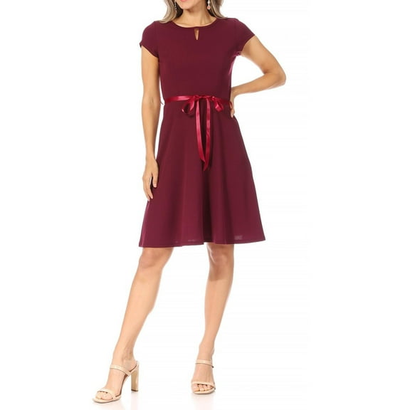 Women's Casual Solid Flared A Line Swing Dresses Short Sleeve with Satin Belt Trim