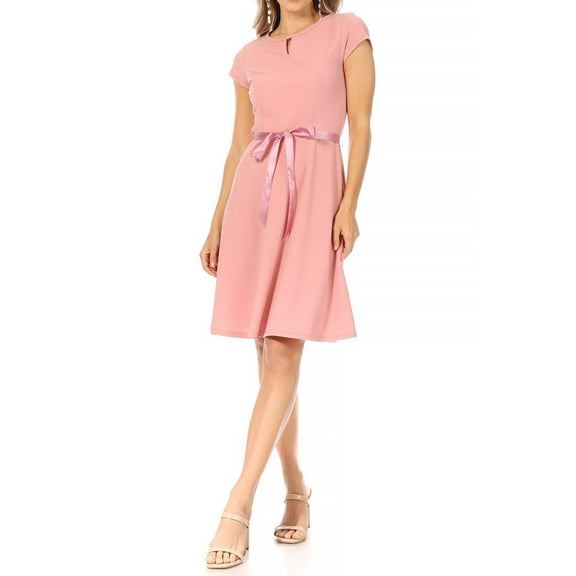 Women's Casual Solid Flared A Line Swing Dresses Short Sleeve with Satin Belt Trim