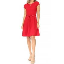 Women's Casual Solid Flared A Line Swing Dresses Short Sleeve with Satin Belt Trim