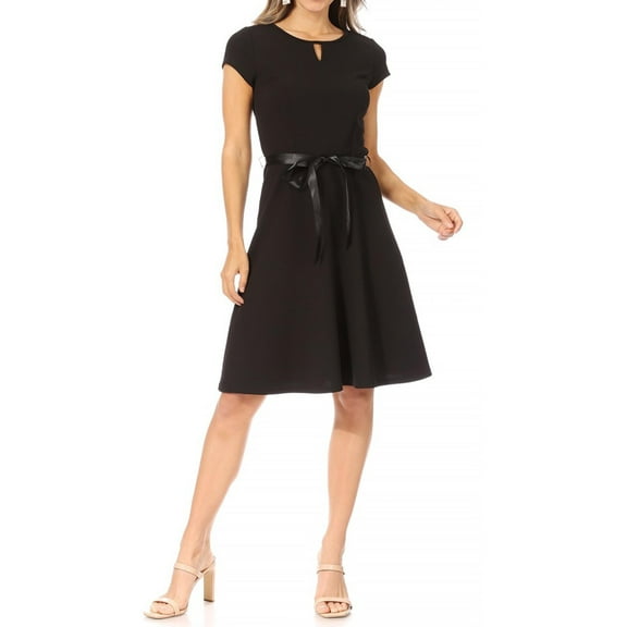 Women's Casual Solid Flared A Line Swing Dresses Short Sleeve with Satin Belt Trim