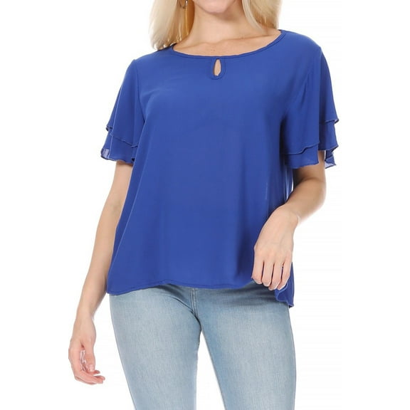 Women's Casual Solid Flowy Short Flutter Sleeve Round Neck Key Hole Tee Blouse Top