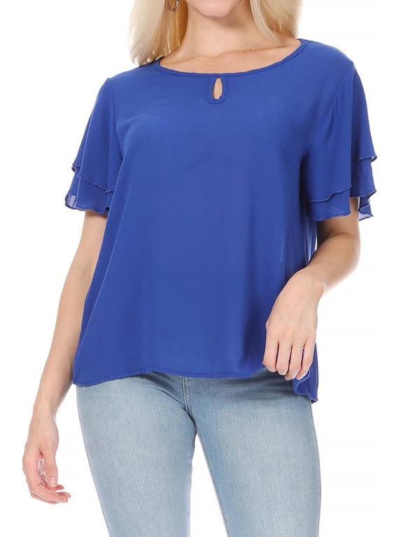 Women's Casual Solid Flowy Short Flutter Sleeve Round Neck Key Hole Tee Blouse Top