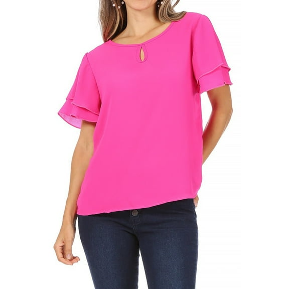 Women's Casual Solid Round Neck Blouse with Short Sleeves and Keyhole