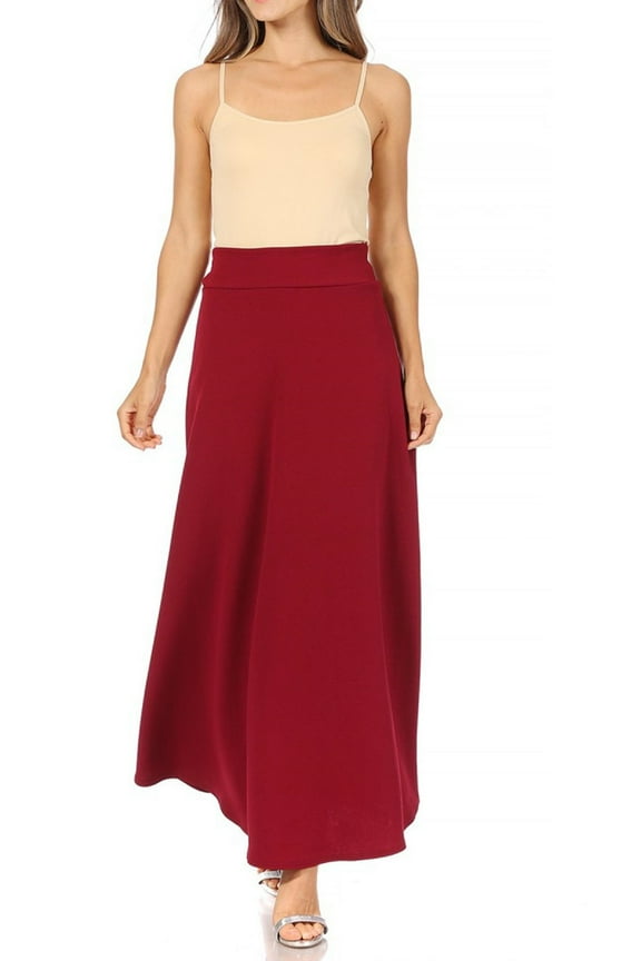 Women's Casual Solid High Waisted Flare A-line Long Skirt with Elastic Waistband