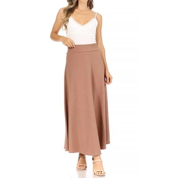 Women's Casual Solid High Waisted Flare A-line Long Skirt with Elastic Waistband