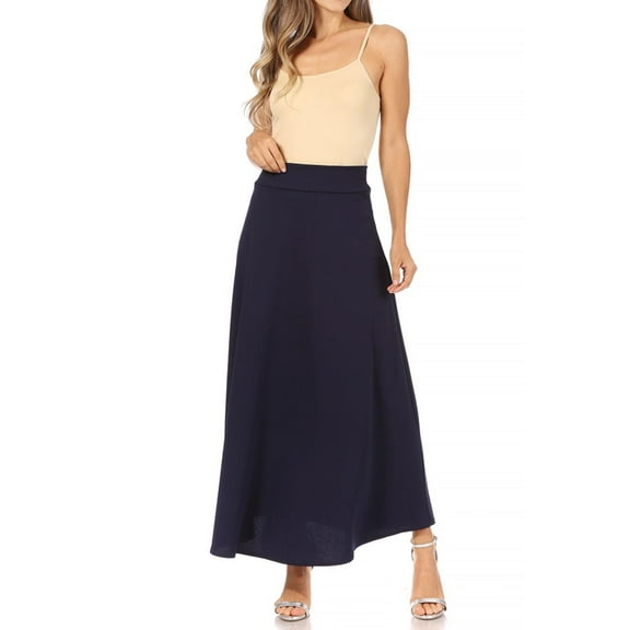 Women's Casual Solid High Waisted Flare A-line Long Skirt with Elastic Waistband