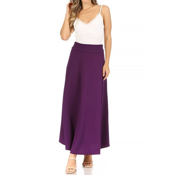 Women's Casual Solid High Waisted Flare A-line Long Skirt with Elastic Waistband