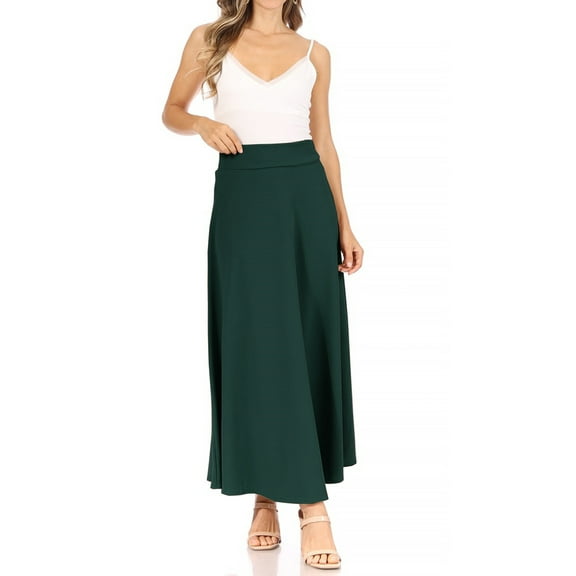 Women's Casual Solid High Waisted Flare A-line Long Skirt with Elastic Waistband