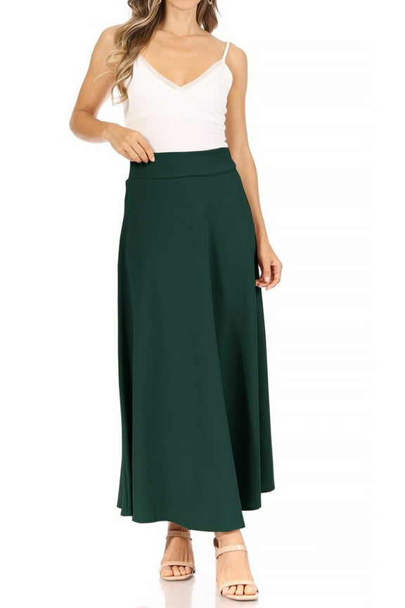 Women's Casual Solid High Waisted Flare A-line Long Skirt with Elastic Waistband