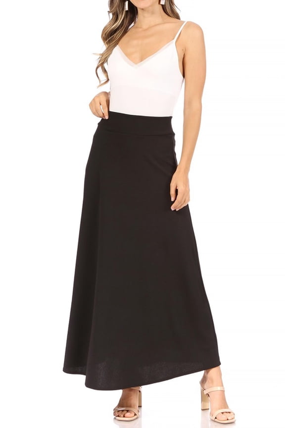 Women's Casual Solid High Waisted Flare A-line Long Skirt with Elastic Waistband