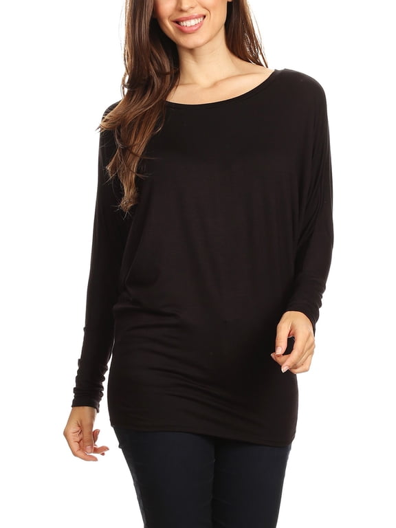 Women's Casual Solid Jersey Knit Long Sleeve Dolman Tunic Top