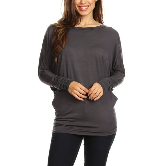 Moa Collection Women's Casual Solid Jersey Knit Long Sleeve Dolman Tunic Top
