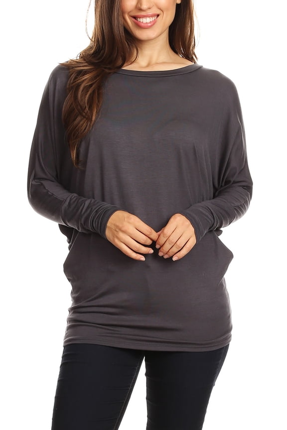 Women's Casual Solid Jersey Knit Long Sleeve Dolman Tunic Top