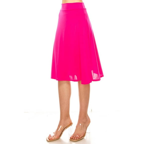 Women's Casual Solid Knee Length Flare A-line Skirt with Elastic Waistband