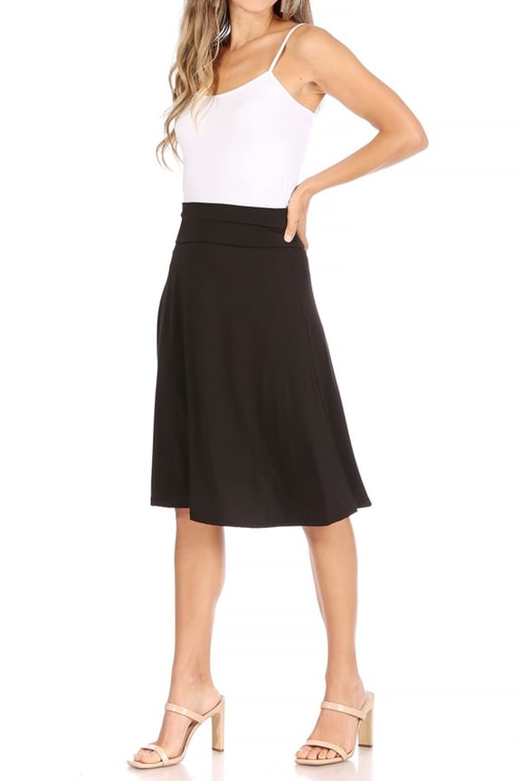 Women's Casual Solid Knee Length Flare A-line Skirt with Elastic Waistband
