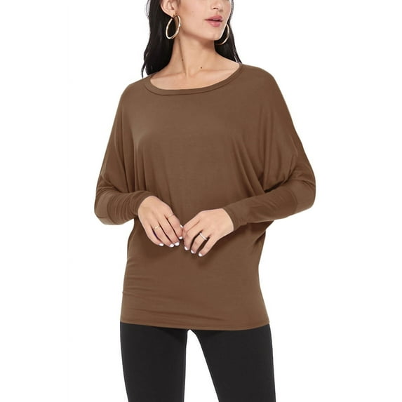 Women's Solid Long Sleeve Jersey Dolman Style Boat Neck CasualTop S-3XL
