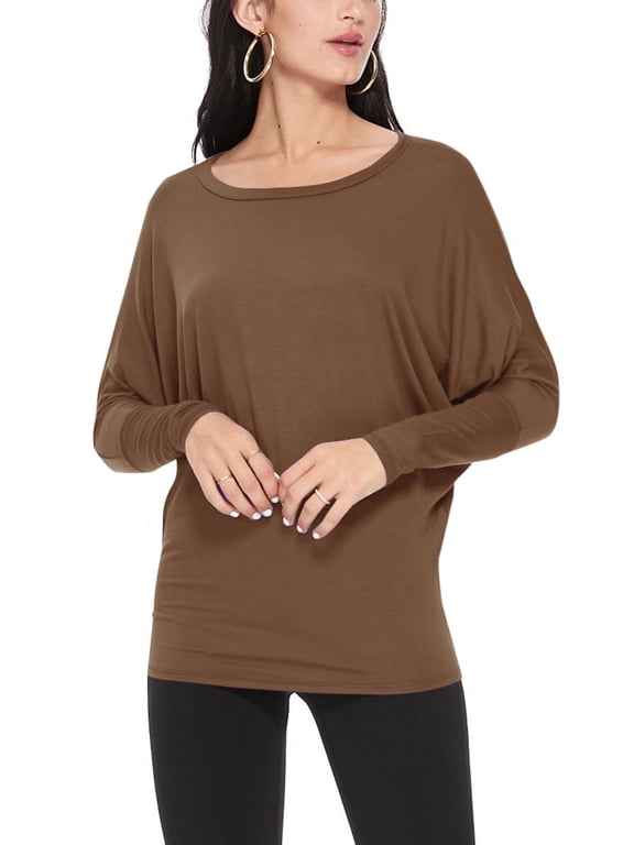 Women's Solid Long Sleeve Jersey Dolman Style Boat Neck CasualTop S-3XL Mocha L