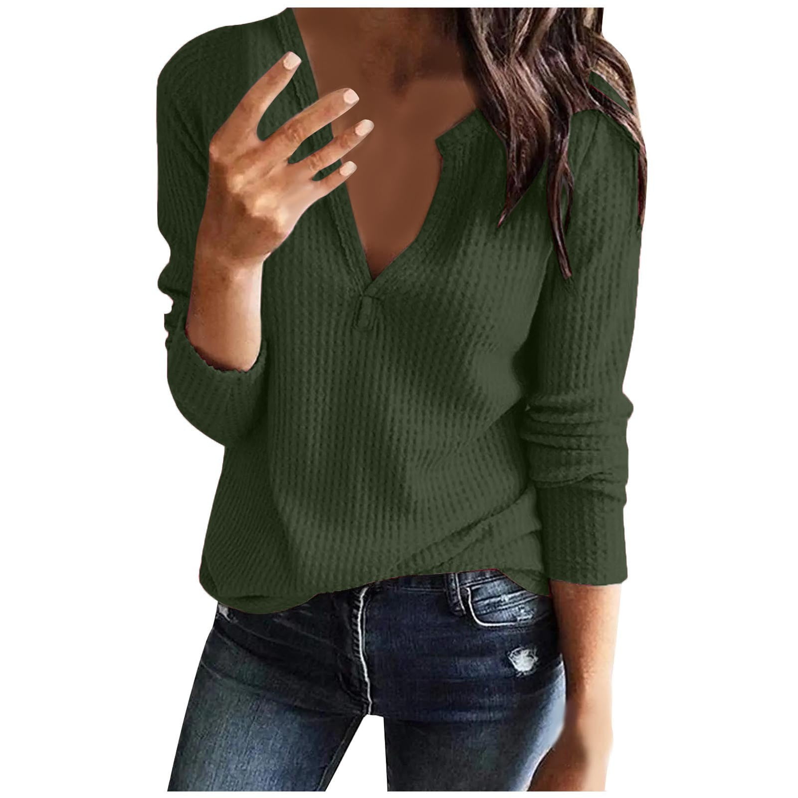 Women's Casual Solid Long Sleeve Split VNeck Knit Pullover Top Blouse