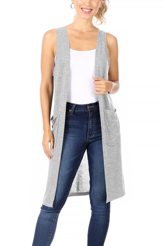 Women's Casual Solid Long Sleeveless Side Pockets Knit Vest