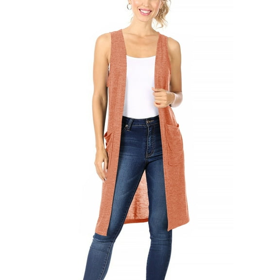Women's Casual Solid Long Sleeveless Side Pockets Knit Vest
