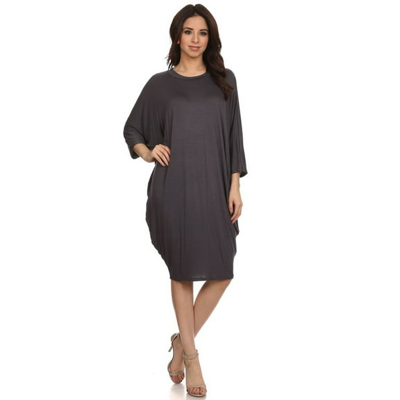 Women's Casual Solid Loose Fit Long Sleeve Dolman Style Midi Dress
