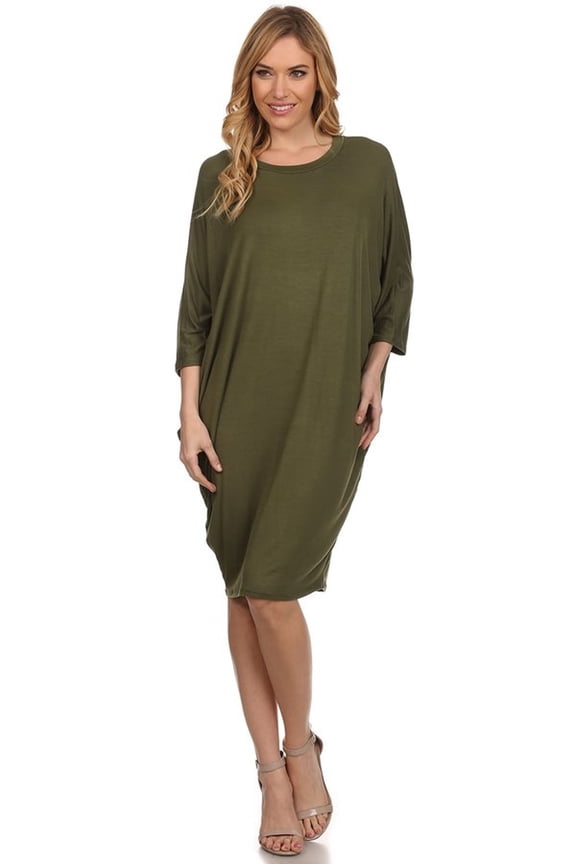 Women's Casual Solid Loose Fit Long Sleeve Dolman Style Midi Dress