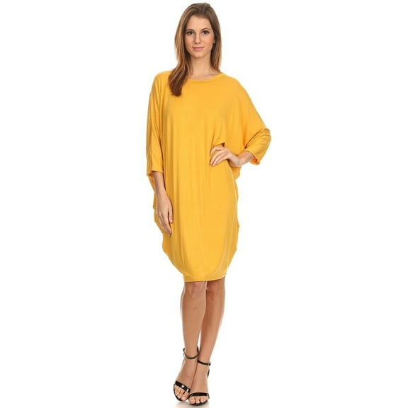 Moa Collection Women's Casual Solid Loose Fit Long Sleeve Dolman Style Midi Dress