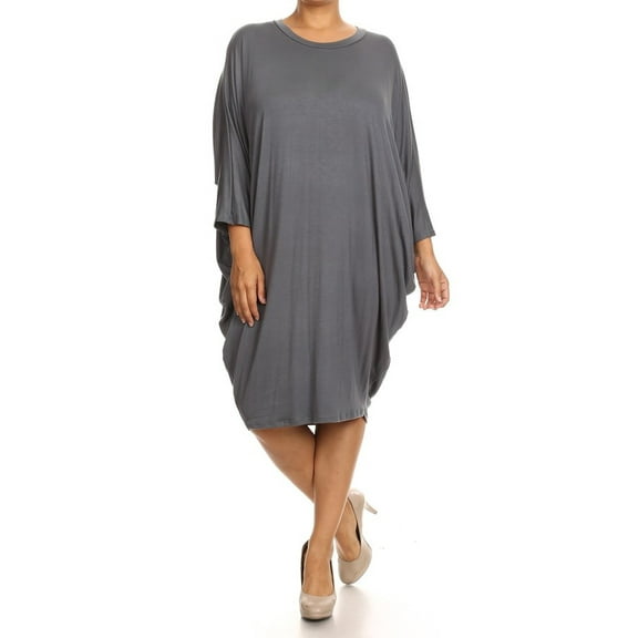 Women's Casual Solid Loose Fit Long Sleeve Dolman Style Midi Dress