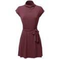 thumbnail image 1 of Women's Casual Solid Loosed Mock Neck Cap Sleeves Belted Dress, 1 of 1