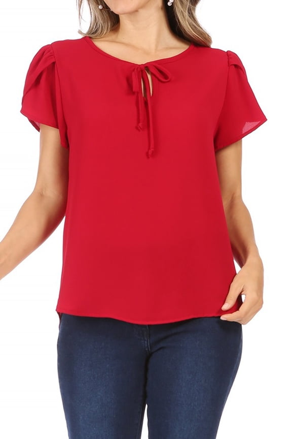 Women's Casual Petal Sleeve Blouse with Ribbon Tie and Keyhole Neckline