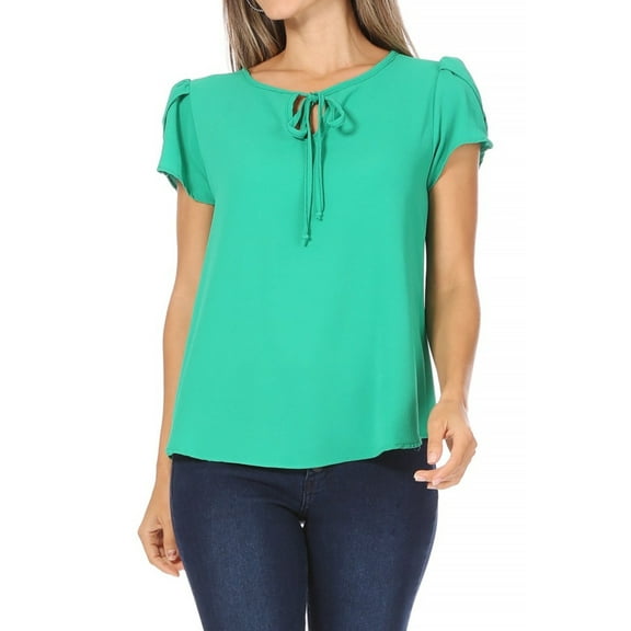Women's Casual Petal Sleeve Blouse with Ribbon Tie and Keyhole Neckline