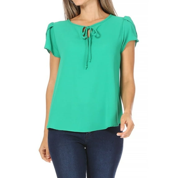 Women's Casual Petal Sleeve Blouse with Ribbon Tie and Keyhole Neckline