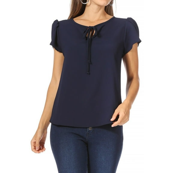 Women's Casual Petal Sleeve Blouse with Ribbon Tie and Keyhole Neckline