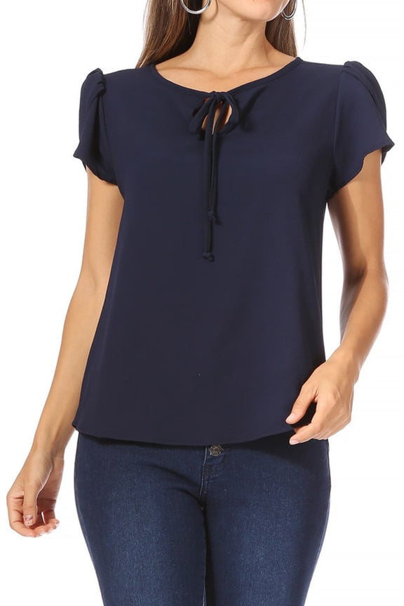 Women's Casual Petal Sleeve Blouse with Ribbon Tie and Keyhole Neckline