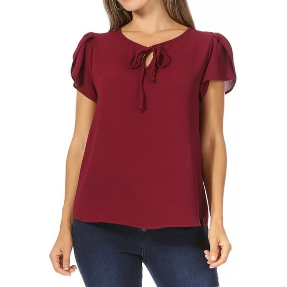 Women's Casual Petal Sleeve Blouse with Ribbon Tie and Keyhole Neckline