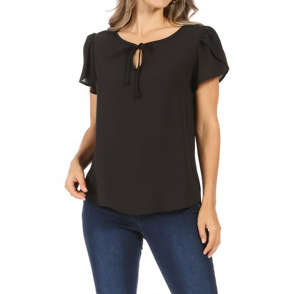 Women's Casual Petal Sleeve Blouse with Ribbon Tie and Keyhole Neckline
