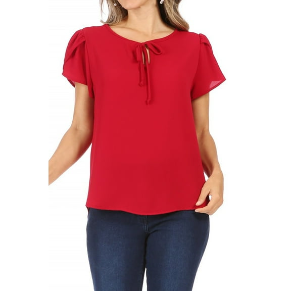 Women's Casual Petal Sleeve Blouse with Ribbon Tie and Keyhole Neckline
