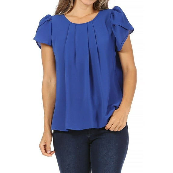 Women's Casual Solid Pleated Front Petal Cap Sleeve Round Neck Tee Blouse Top