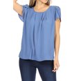 thumbnail image 1 of Women's Casual Solid Pleated Front Petal Cap Sleeve Round Neck Tee Blouse Top, 1 of 6