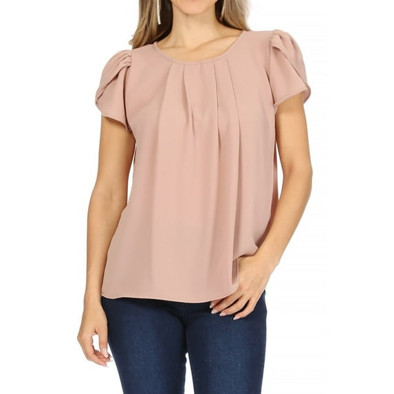MOA Collection Women's Casual Pleated Front Petal Cap Sleeve Round Neck Blouse