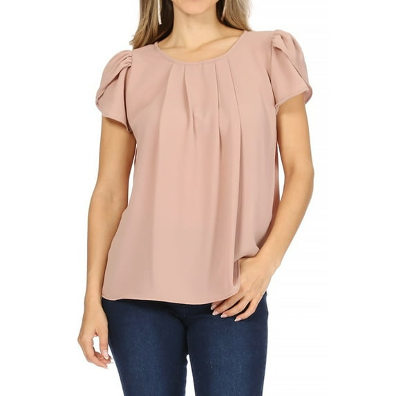 Women's Casual Solid Pleated Front Petal Cap Sleeve Round Neck Tee Blouse Top
