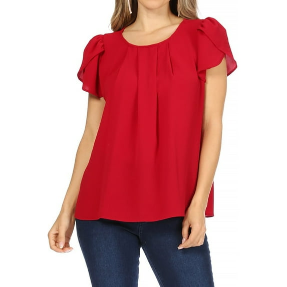 Women's Casual Solid Pleated Front Petal Cap Sleeve Round Neck Tee Blouse Top