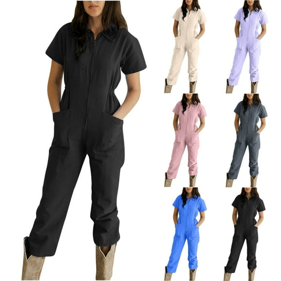 Women's Casual Solid Pleated Waist Zip-Up Lapel Jumpsuit Pants Summer Trendy Olyvenn Womens Fashion Daily Slim Fit Stretch Overalls Carpenter Jumpsuit Black 6