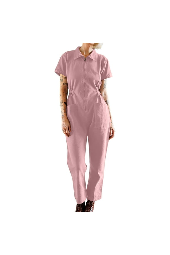 Women's Casual Solid Pleated Waist Zip-Up Lapel Jumpsuit Pants Summer Trendy Olyvenn Womens Fashion Daily Slim Fit Stretch Overalls Carpenter Jumpsuit Pink 8