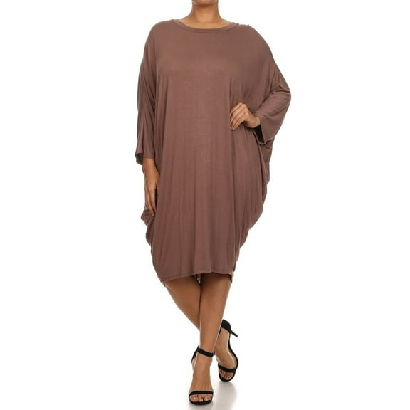 Women's Casual Plus Size Loose Fit Long Sleeve Dolman Style Midi Dress