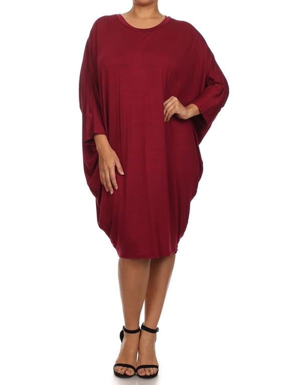 Women's Casual Plus Size Loose Fit Long Sleeve Dolman Style Midi Dress