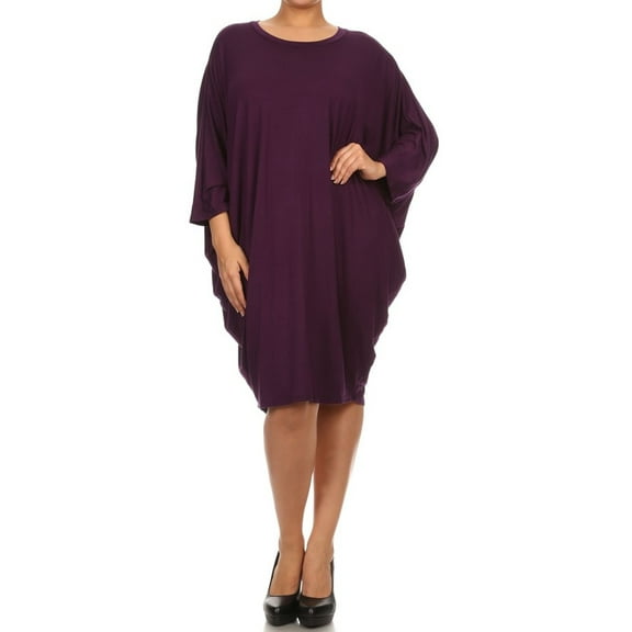 Women's Casual Plus Size Loose Fit Long Sleeve Dolman Style Midi Dress