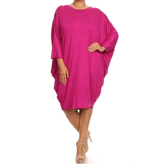 Women's Casual Solid Plus Size Loose Fit Long Sleeve Dolman Style Midi Dress